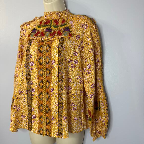 Maeve Anthropologie Goldie Embroidered Blouse Gold Yellow Floral Ruffled Sz 4 - Picture 6 of 14
